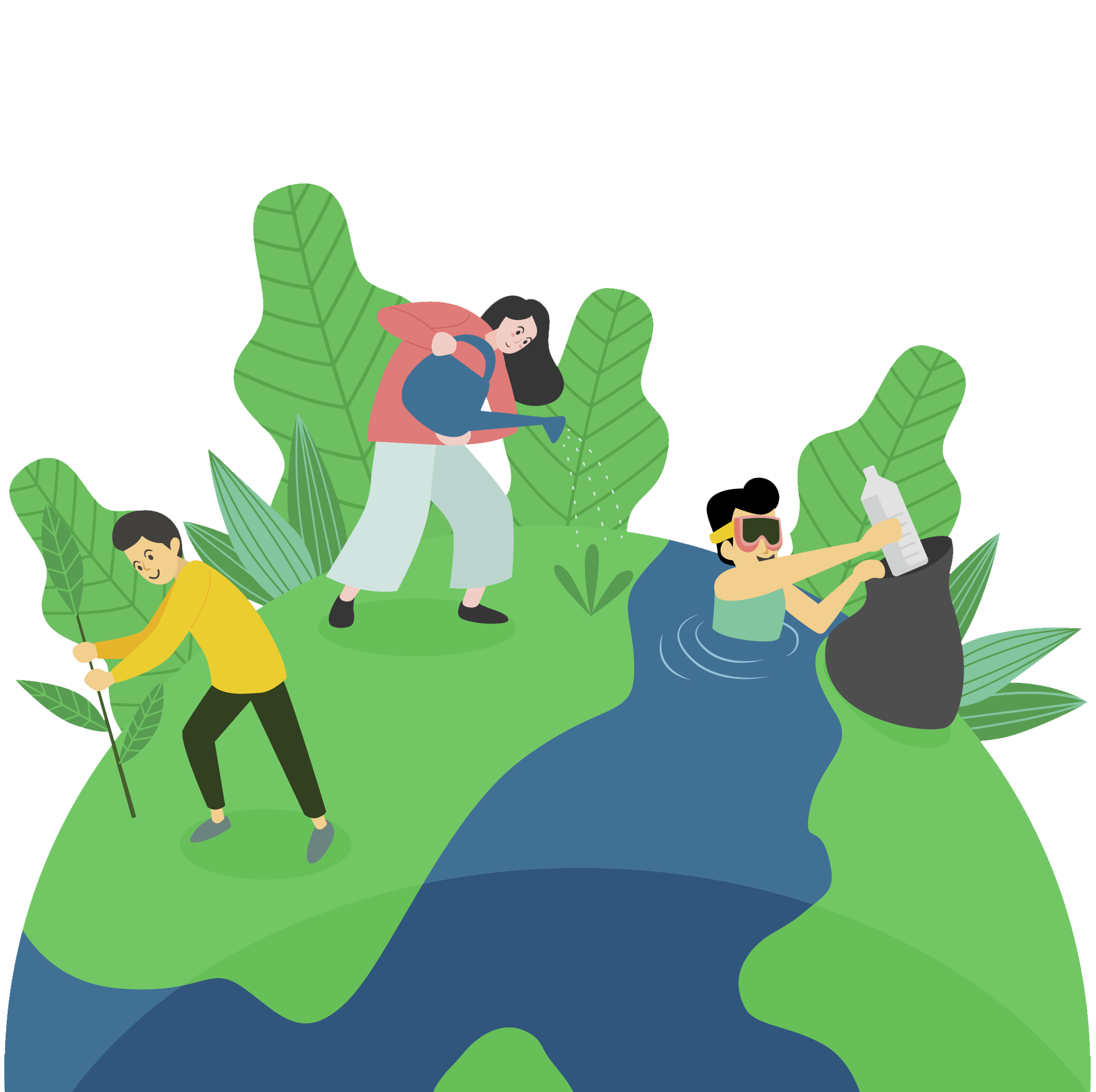People planting, watering, and cleaning up to care for the planet